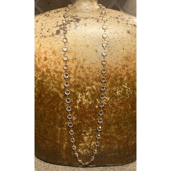 Gold Linked and Bezel Set Clear and Faceted Crystal Necklace 34 Inches Vintage - Picture 3 of 8